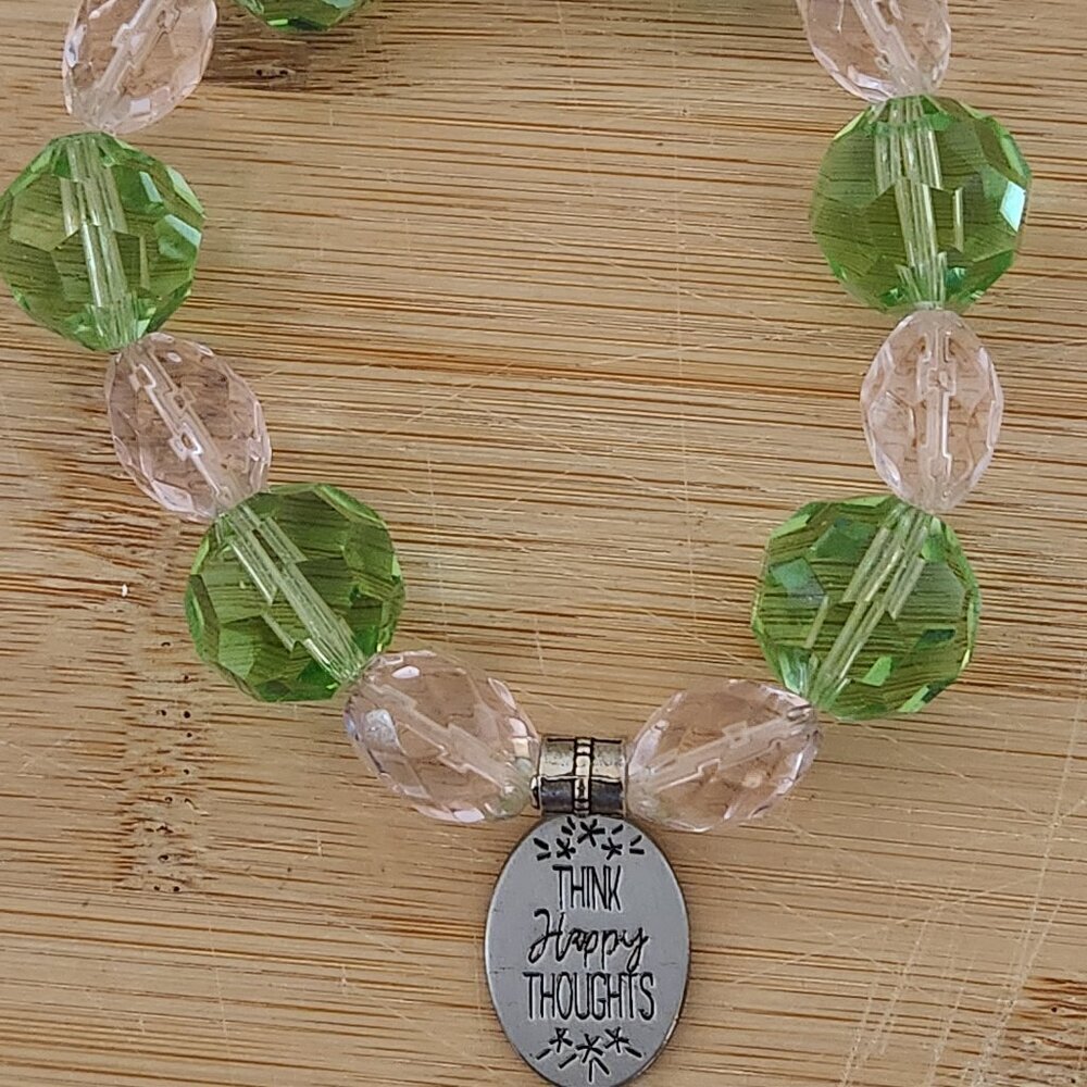 Hand Crafted Chunky Stretch Bracelet with Charm Pink Green Crystals